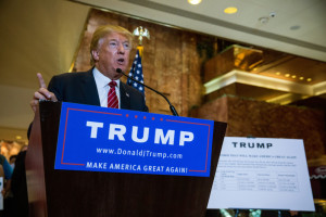 NEW YORK, NY - SEPTEMBER 28: Republican presidential hopeful Donald Trump gives a speech outlining his vision for tax reform at his skyscraper on Fifth Avenue on September 28, 2015 in New York City. Under the plan there would be four tax categories, with people earning less than $25,000 per year paying 0% tax. (Photo by Andrew Burton/Getty Images)